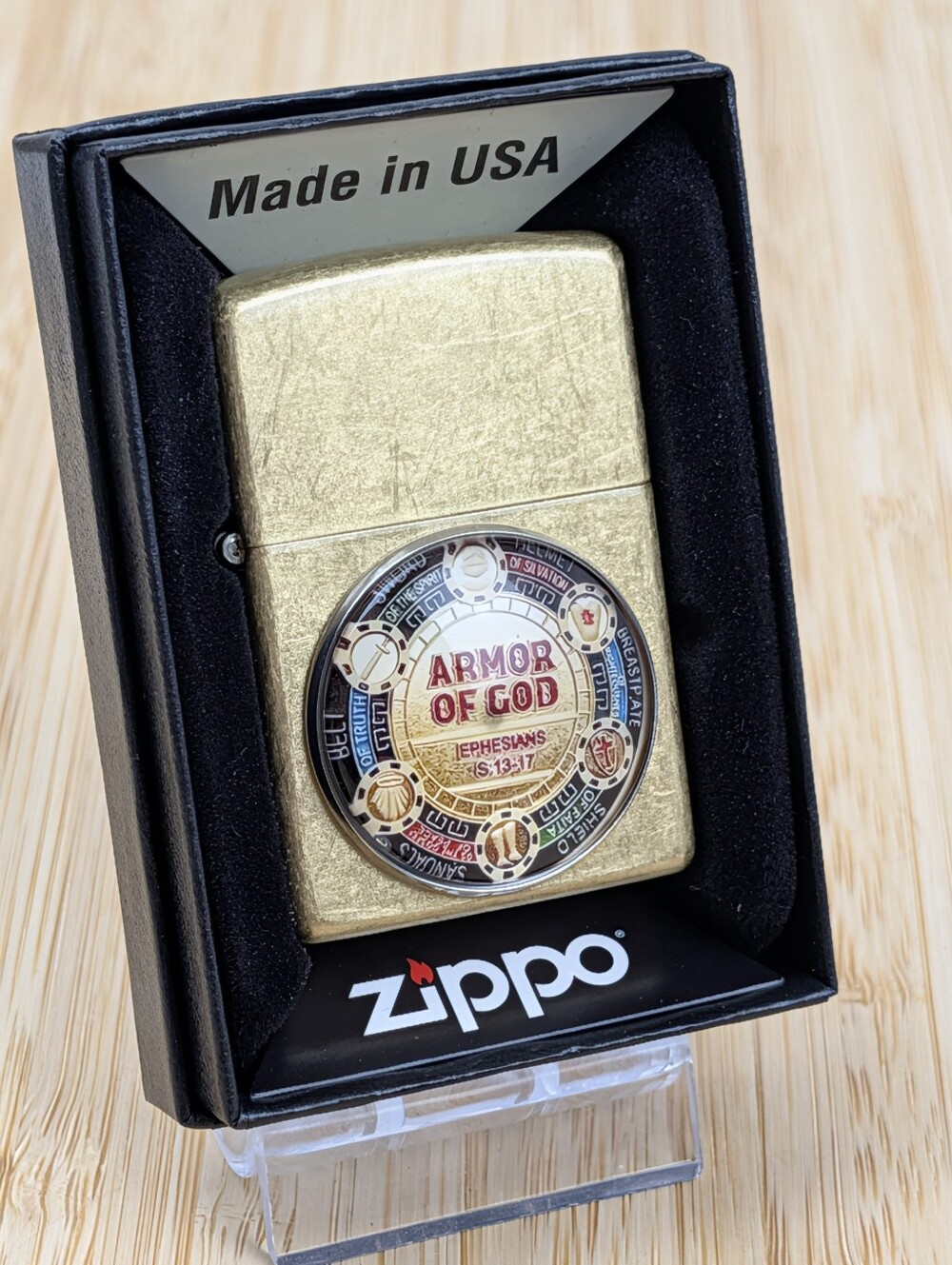 Zippo Street Brass Lighter with ARMOR OF GOD 3D Emblem, Custom, Windproof, NEW